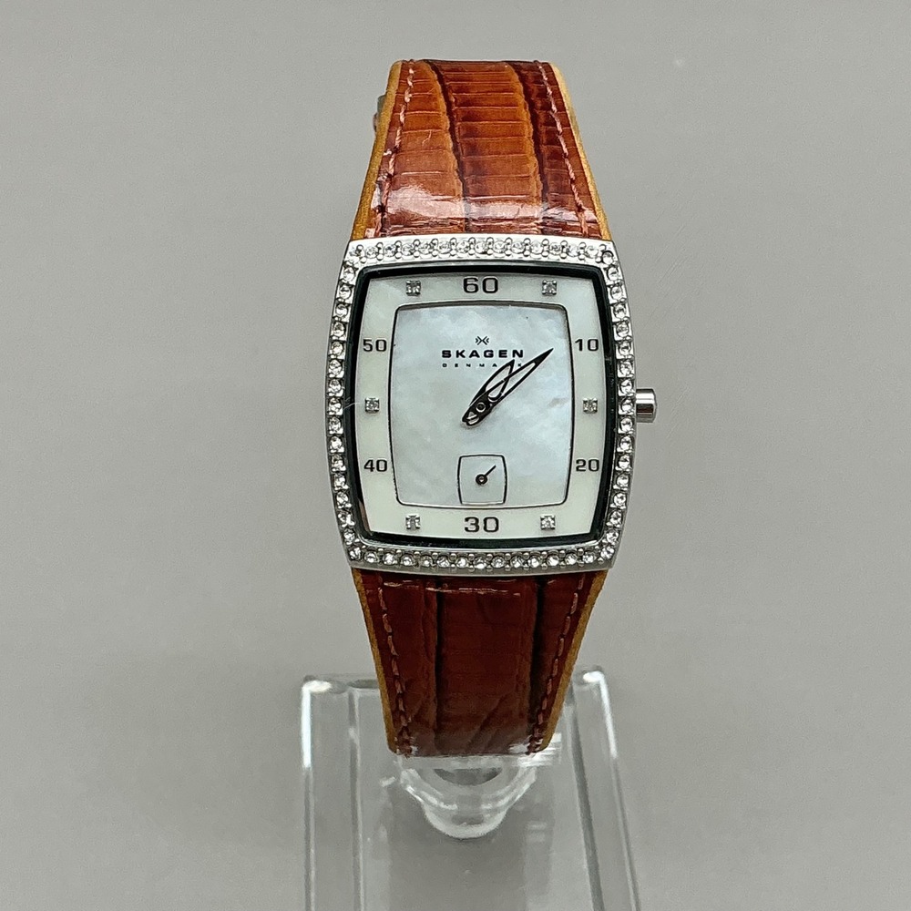 Skagen Watch Women Brown Leather Crystal Bezel Mother Pearl 34x40mm NEW BATTERY